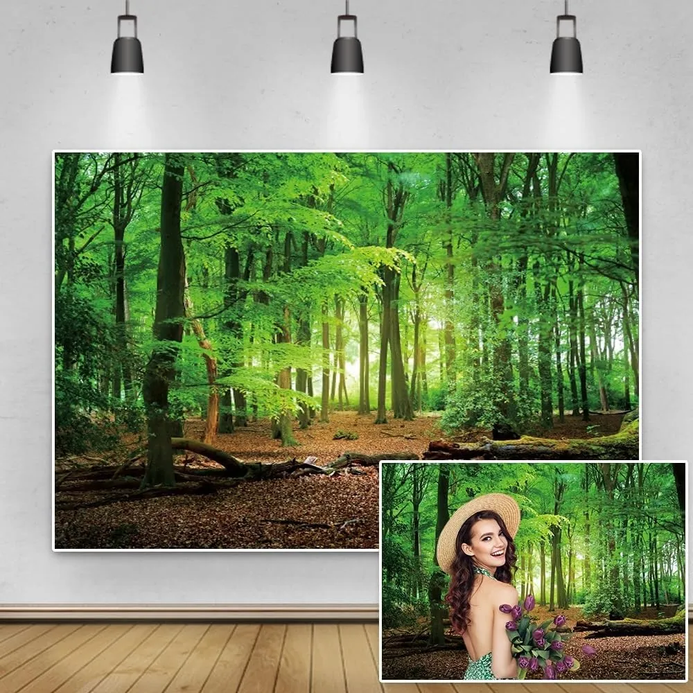 10x8ft Spring Green Forest Backdrop Jungle Forest Trees Natural Scenery Photography Background for Camping Themed Baby Shower Party Decor Kids Adults Portrait Photo Studio Props Wallpaper