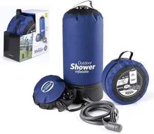 11 Litre Solar Heated Shower Bag, Outdoor Shower, Camping, Portable Pressure Shower with Foot Pump, Garden Shower