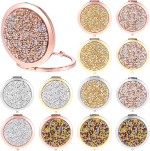 12 Pieces Rhinestone Compact Mirror Foldable Pocket Mirror for Purse, 1X/2X Magnifying Portable Mirror Round Travel Mirror Folding HandHeld Mirror Cosmetic Mirror for Women Girls Gift (Mixed Color)