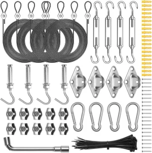 121P Sun Shade Sail Hardware Kit, Windspeed Heavy Duty Sun Shade Sail Stainless Steel Hardware Kit with 4P 10ft Nylon Coated Wire Ropes Shade Sail Installation for Outdoor