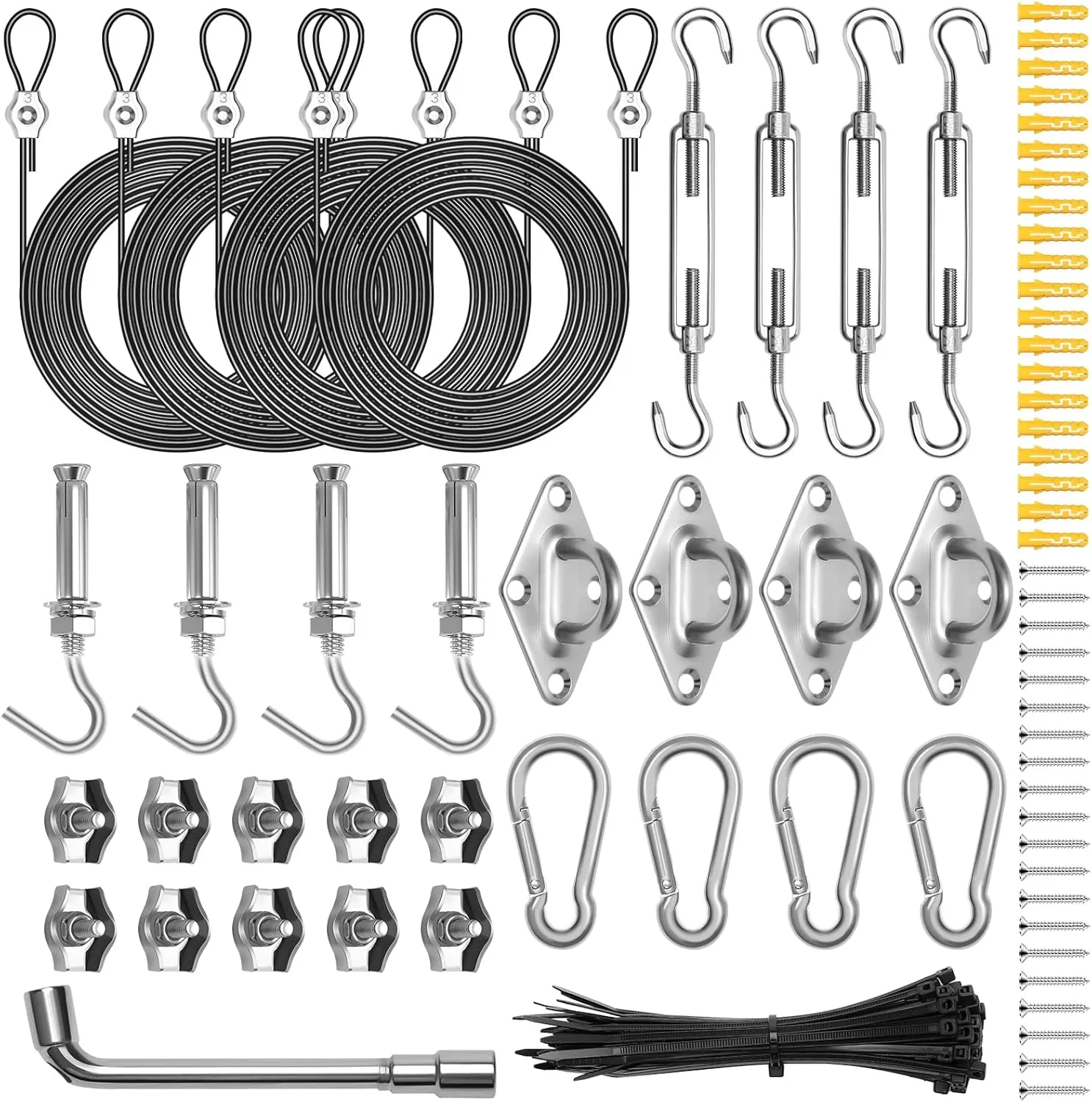 121P Sun Shade Sail Hardware Kit, Windspeed Heavy Duty Sun Shade Sail Stainless Steel Hardware Kit with 4P 10ft Nylon Coated Wire Ropes Shade Sail Installation for Outdoor