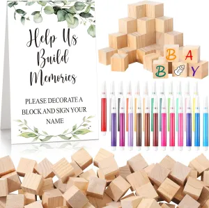 125 Pcs Baby Shower Decorate a Block Game Set Includes Help Us Build Memories Sign 100 DIY Blank Wooden Block 24 Paint Marker Prize for Wedding Baby Shower Game(Leaves)