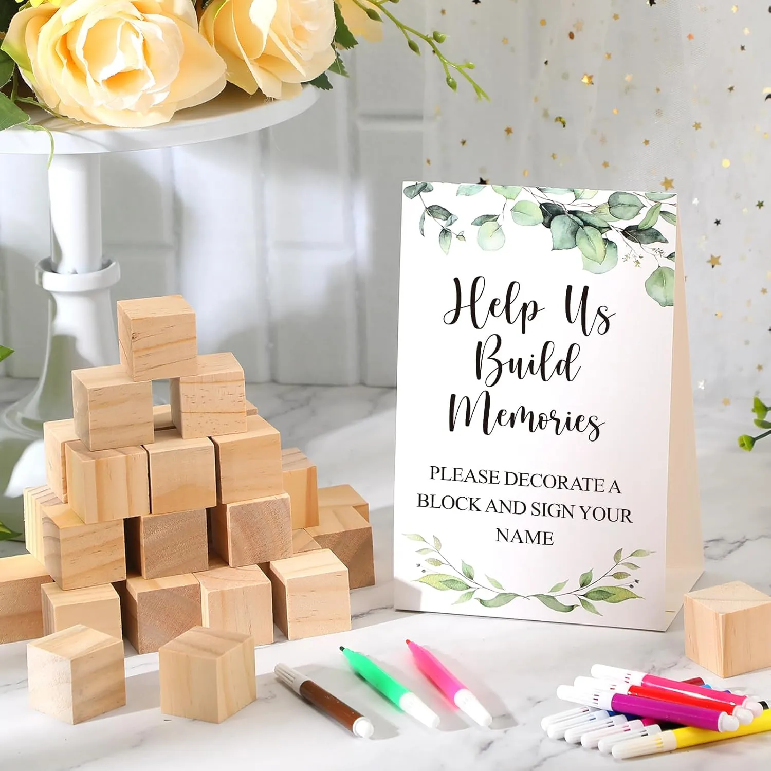 125 Pcs Baby Shower Decorate a Block Game Set Includes Help Us Build Memories Sign 100 DIY Blank Wooden Block 24 Paint Marker Prize for Wedding Baby Shower Game(Leaves)