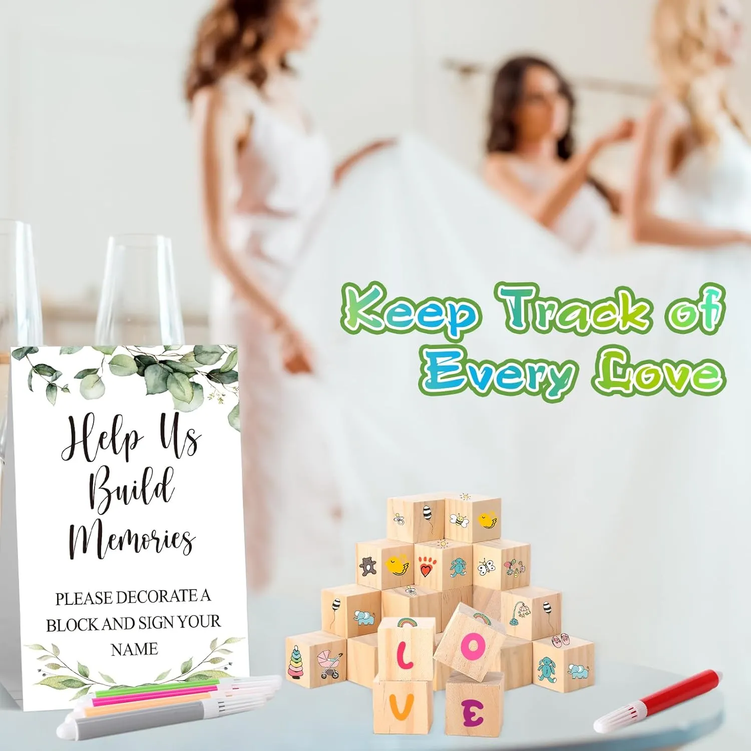 125 Pcs Baby Shower Decorate a Block Game Set Includes Help Us Build Memories Sign 100 DIY Blank Wooden Block 24 Paint Marker Prize for Wedding Baby Shower Game(Leaves)