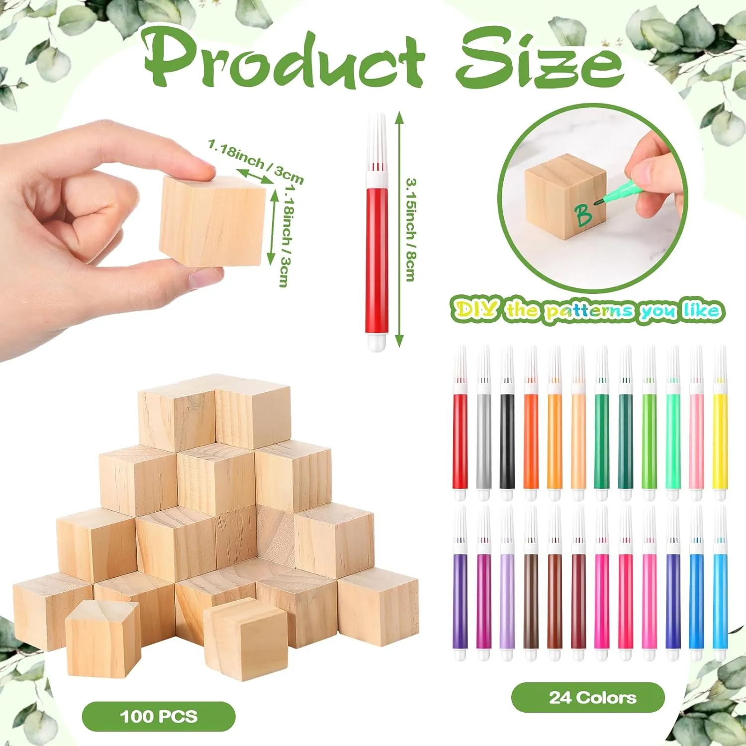 125 Pcs Baby Shower Decorate a Block Game Set Includes Help Us Build Memories Sign 100 DIY Blank Wooden Block 24 Paint Marker Prize for Wedding Baby Shower Game(Leaves)