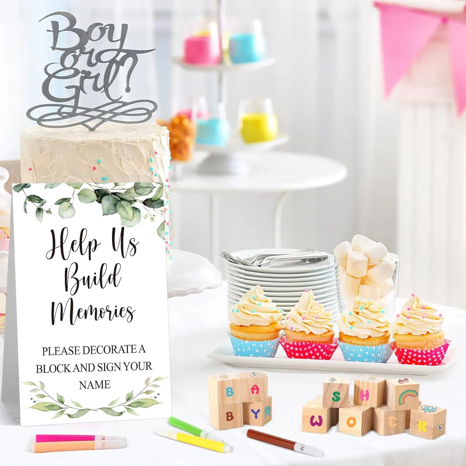 125 Pcs Baby Shower Decorate a Block Game Set Includes Help Us Build Memories Sign 100 DIY Blank Wooden Block 24 Paint Marker Prize for Wedding Baby Shower Game(Leaves)