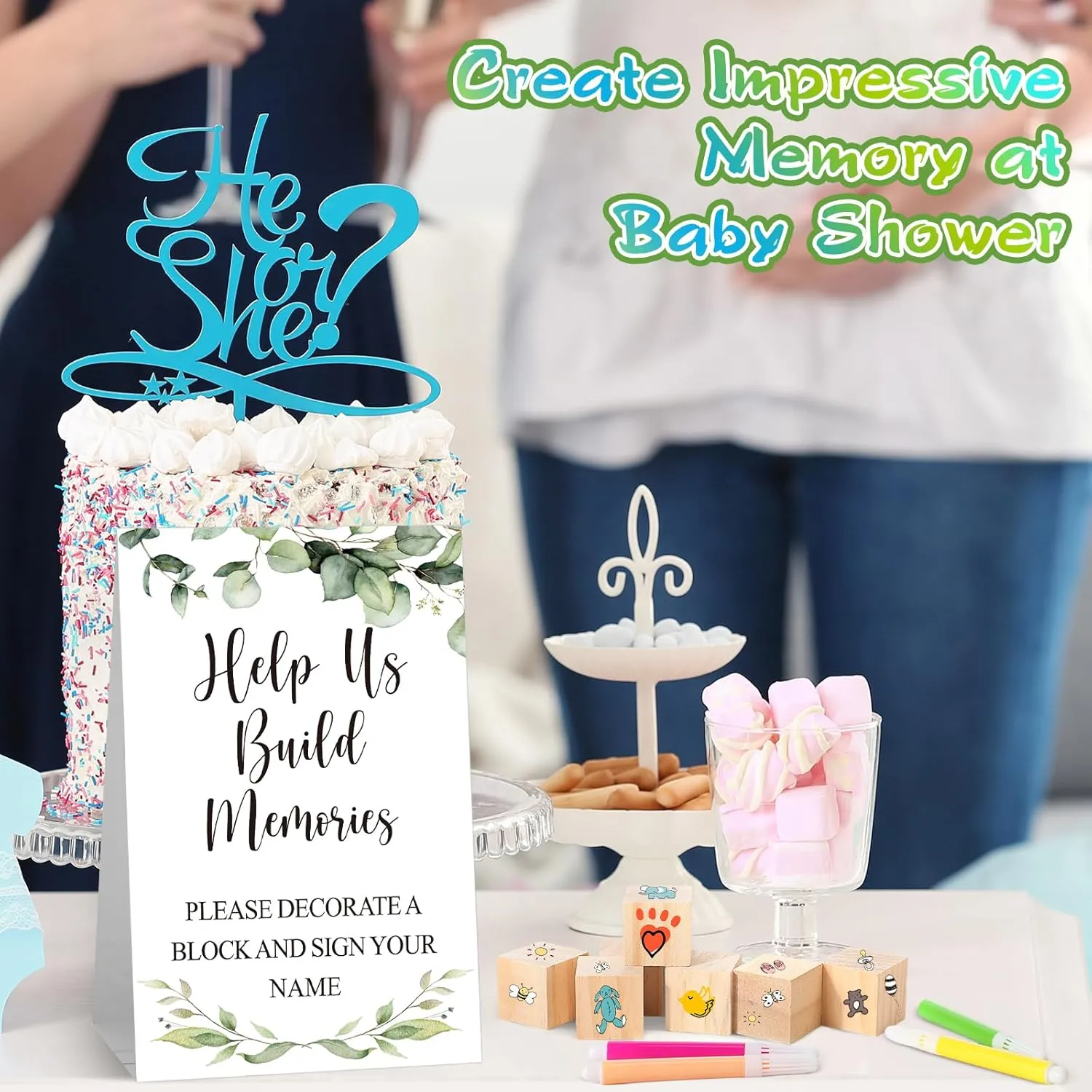 125 Pcs Baby Shower Decorate a Block Game Set Includes Help Us Build Memories Sign 100 DIY Blank Wooden Block 24 Paint Marker Prize for Wedding Baby Shower Game(Leaves)