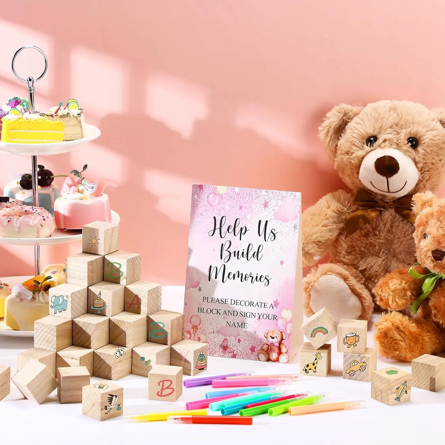 125 Pcs Baby Shower Decorate a Block Game Set Includes Help Us Build Memories Sign 100 DIY Blank Wooden Block 24 Paint Marker Prize for Wedding Baby Shower Game(Pink Bear)