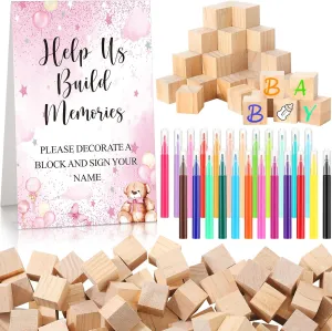 125 Pcs Baby Shower Decorate a Block Game Set Includes Help Us Build Memories Sign 100 DIY Blank Wooden Block 24 Paint Marker Prize for Wedding Baby Shower Game(Pink Bear)
