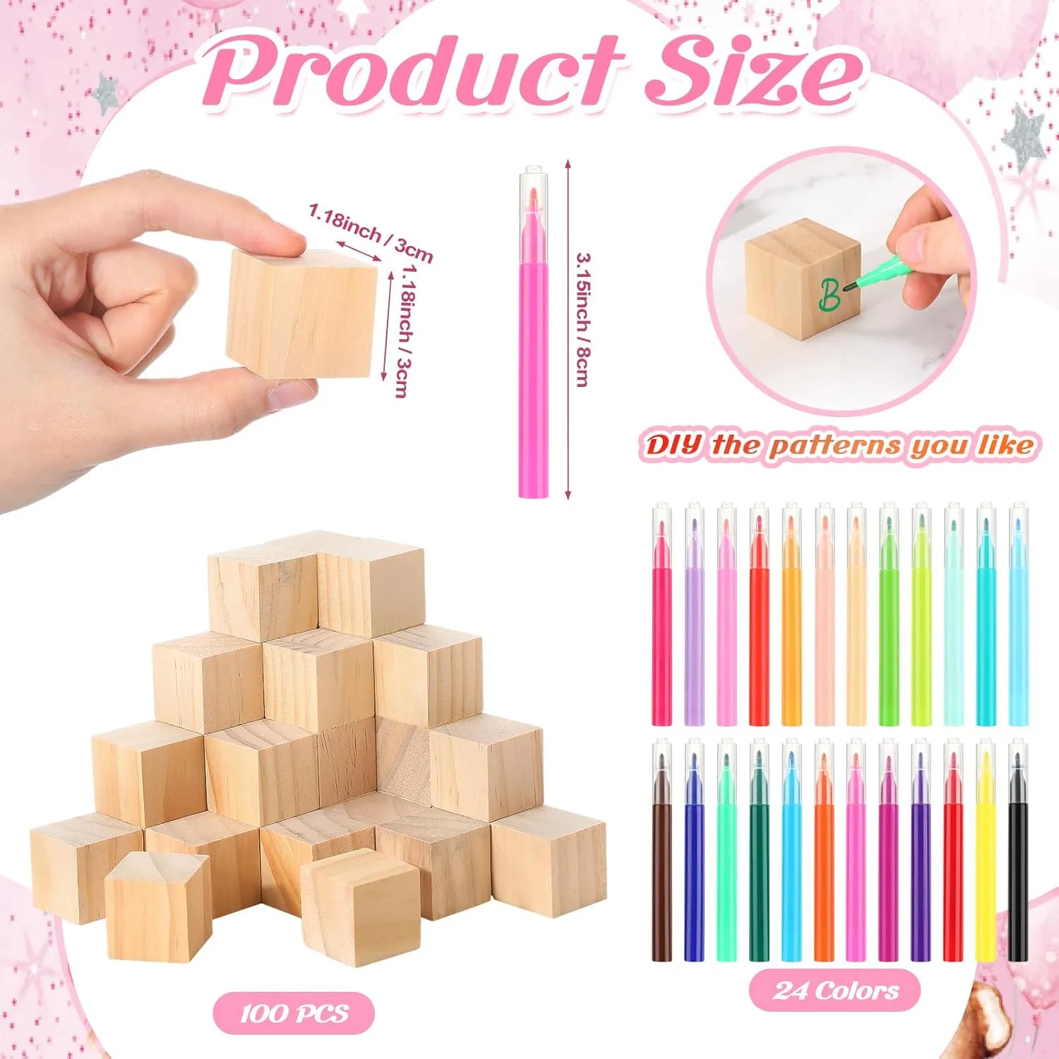 125 Pcs Baby Shower Decorate a Block Game Set Includes Help Us Build Memories Sign 100 DIY Blank Wooden Block 24 Paint Marker Prize for Wedding Baby Shower Game(Pink Bear)
