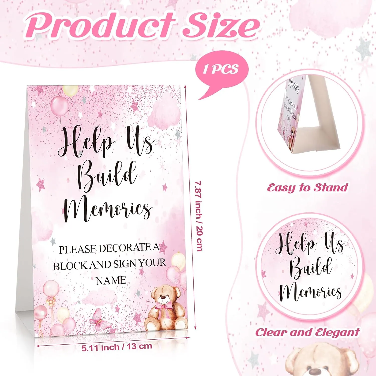 125 Pcs Baby Shower Decorate a Block Game Set Includes Help Us Build Memories Sign 100 DIY Blank Wooden Block 24 Paint Marker Prize for Wedding Baby Shower Game(Pink Bear)