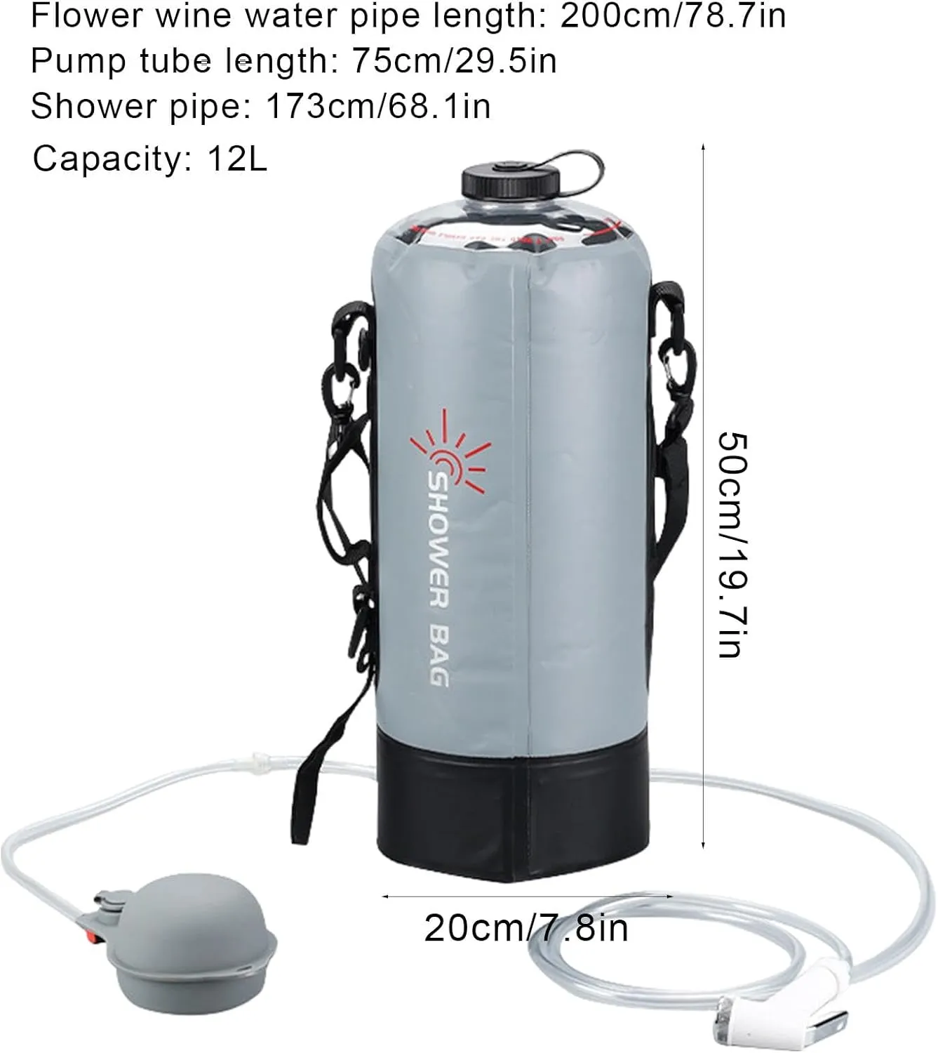 12l Large Capacity Camping Shower, Portable Solar Shower Bag, PVC Shower Bag, Lightweight Travel Shower Solution for Outdoor, Traveling Hiking Camping Shower, 50x20 cm, Weight: 1150 g