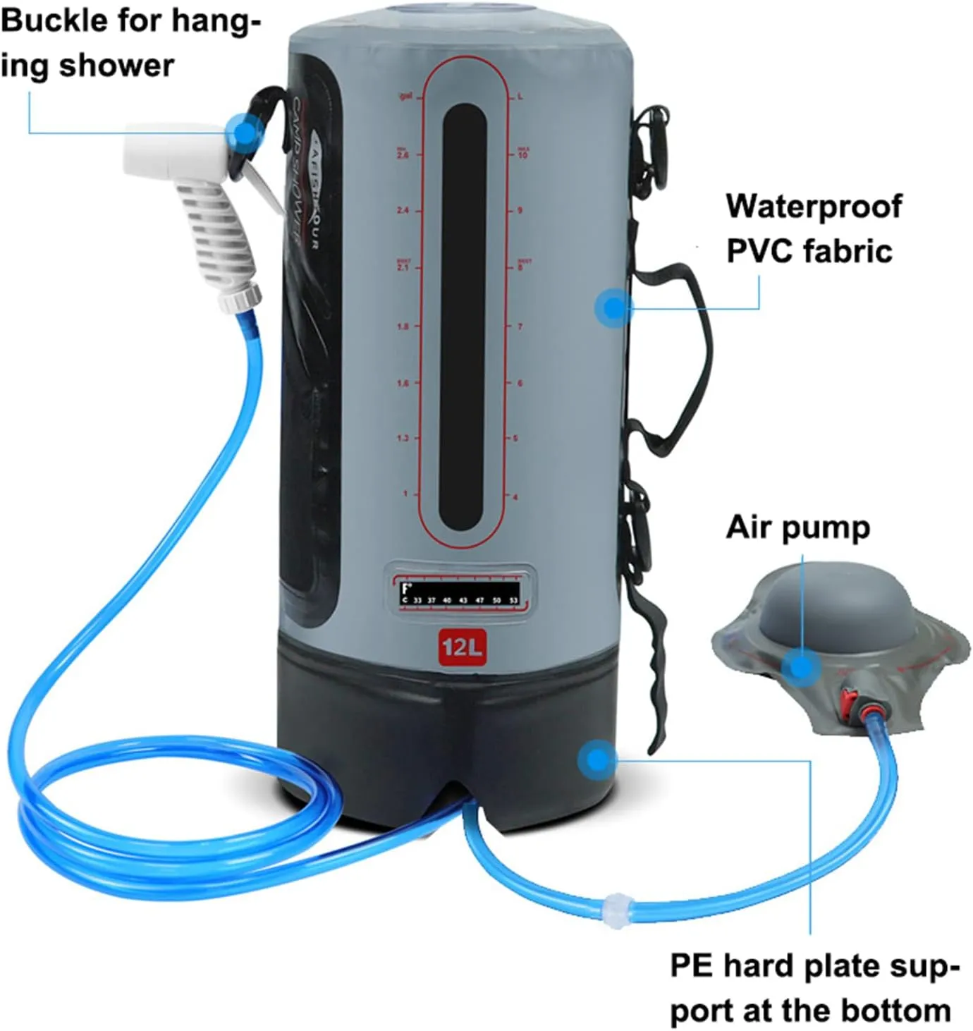 12L Portable Shower Bag Camping Solar Shower Portable Collapsible Water Container Hot Water Support for Camping RV Travel