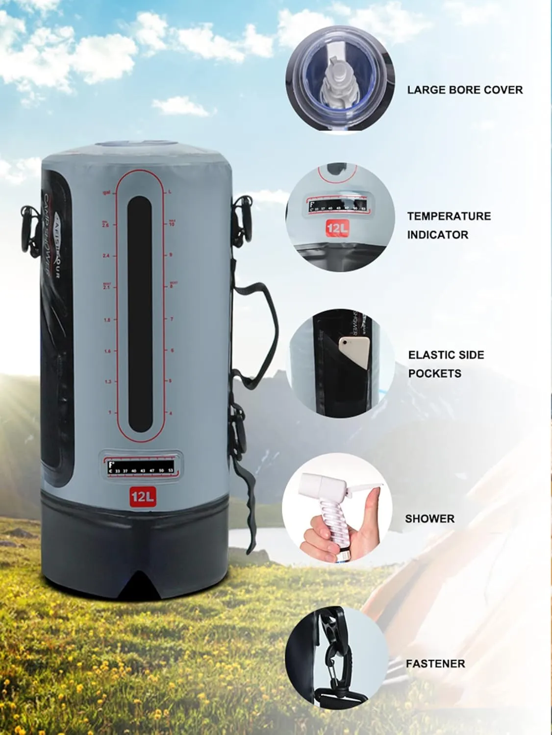12L Portable Shower Bag Camping Solar Shower Portable Collapsible Water Container Hot Water Support for Camping RV Travel
