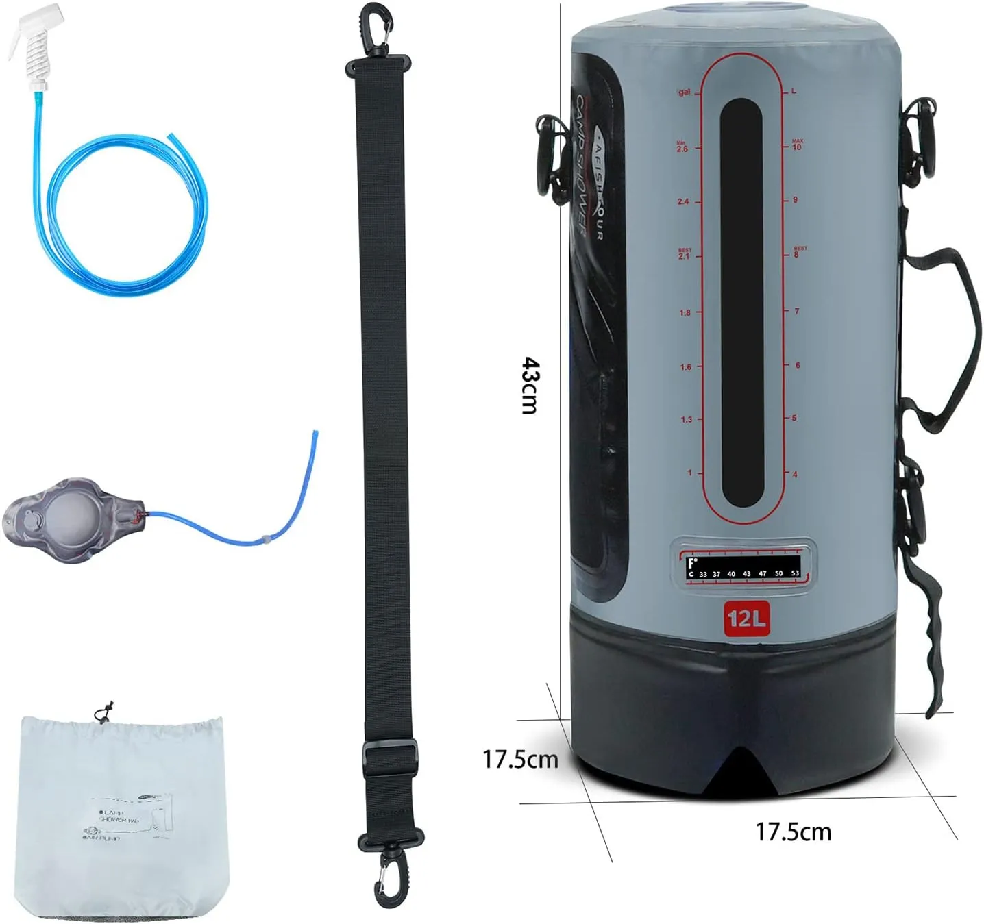 12L Portable Shower Bag Camping Solar Shower Portable Collapsible Water Container Hot Water Support for Camping RV Travel