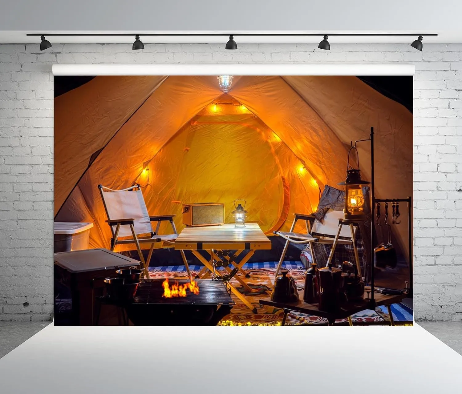 12x8ft Fabric Camping Theme Backdrop Inside of Tent in Camping Chairs Camp Trip Background for Photography Camping Party Decorations Photo Studio Props