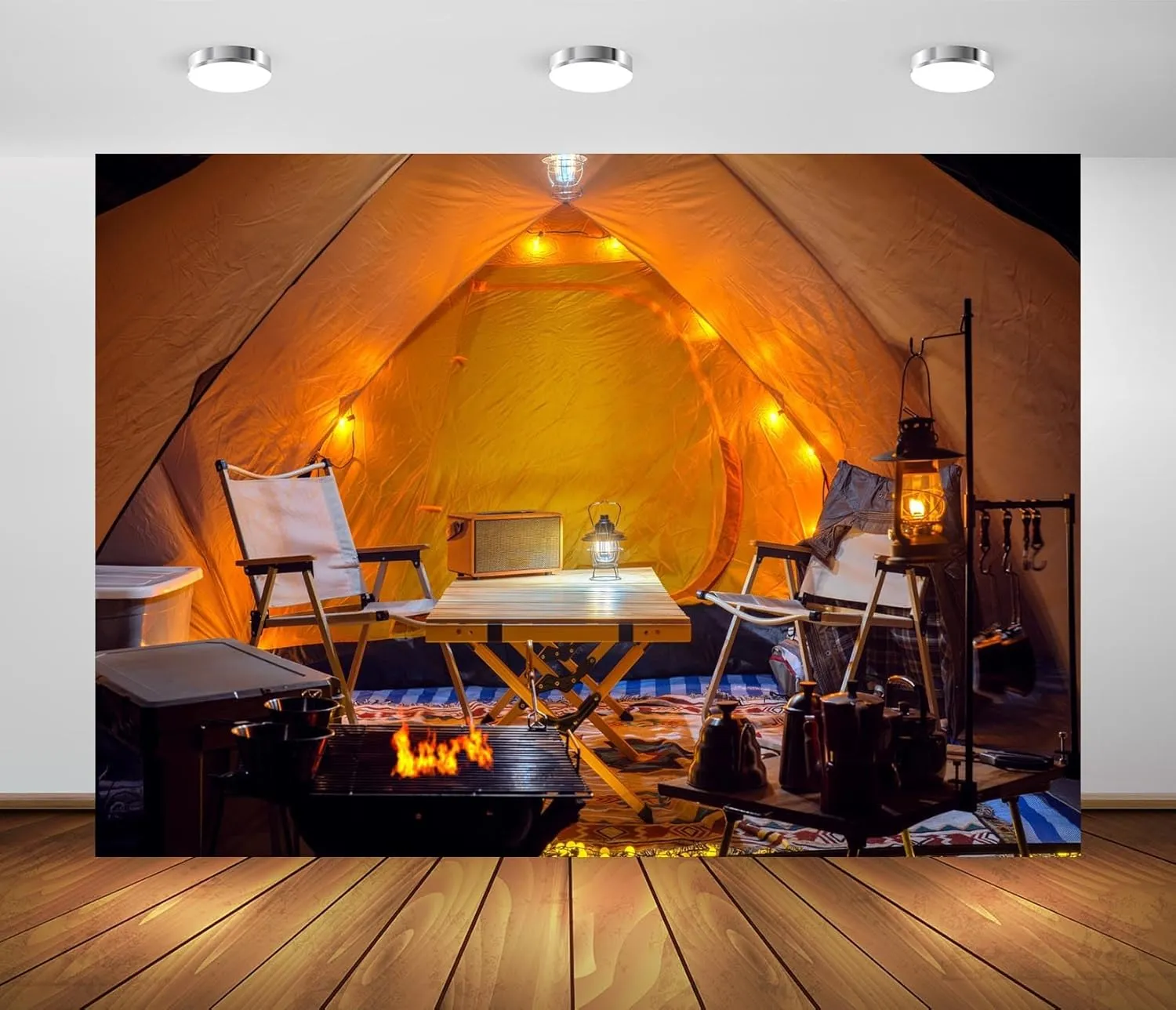 12x8ft Fabric Camping Theme Backdrop Inside of Tent in Camping Chairs Camp Trip Background for Photography Camping Party Decorations Photo Studio Props