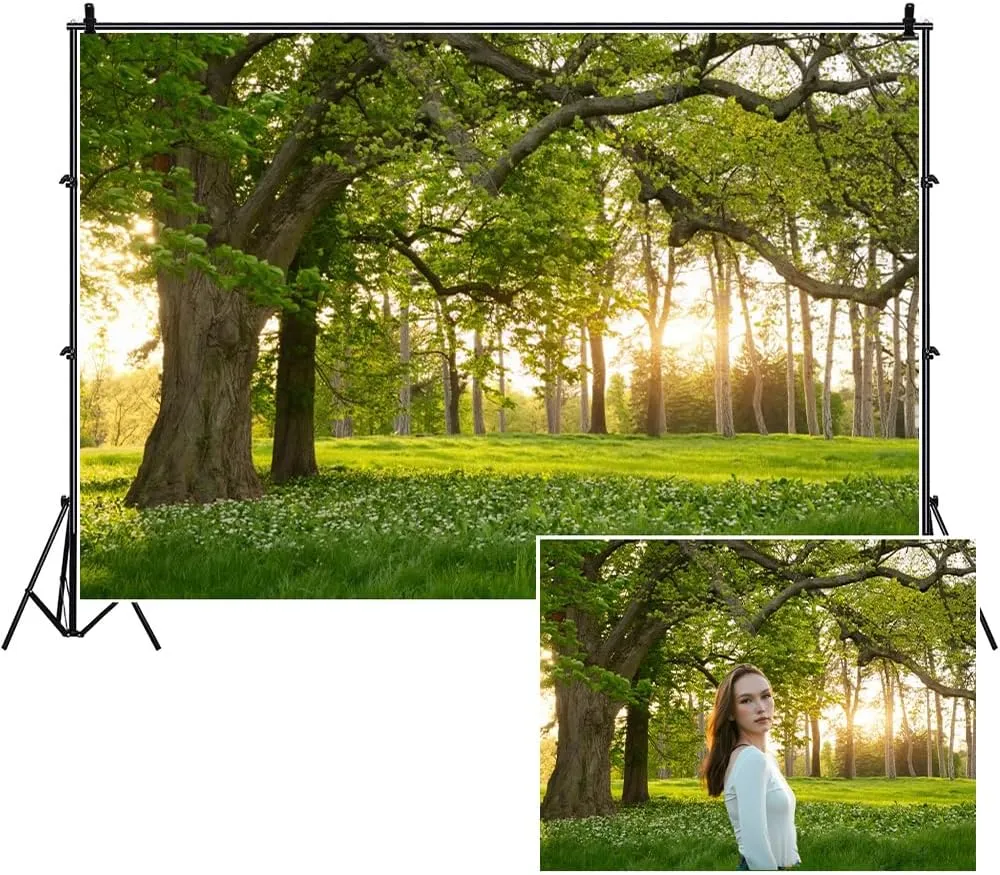 12x8ft Rural Forest Trees Backdrops Spring Blooming Flowers Green Grassland Nature Scenery Photography Background for Kids Adults Family Picnic Camping Outdoor Travel Portraits Studio Props