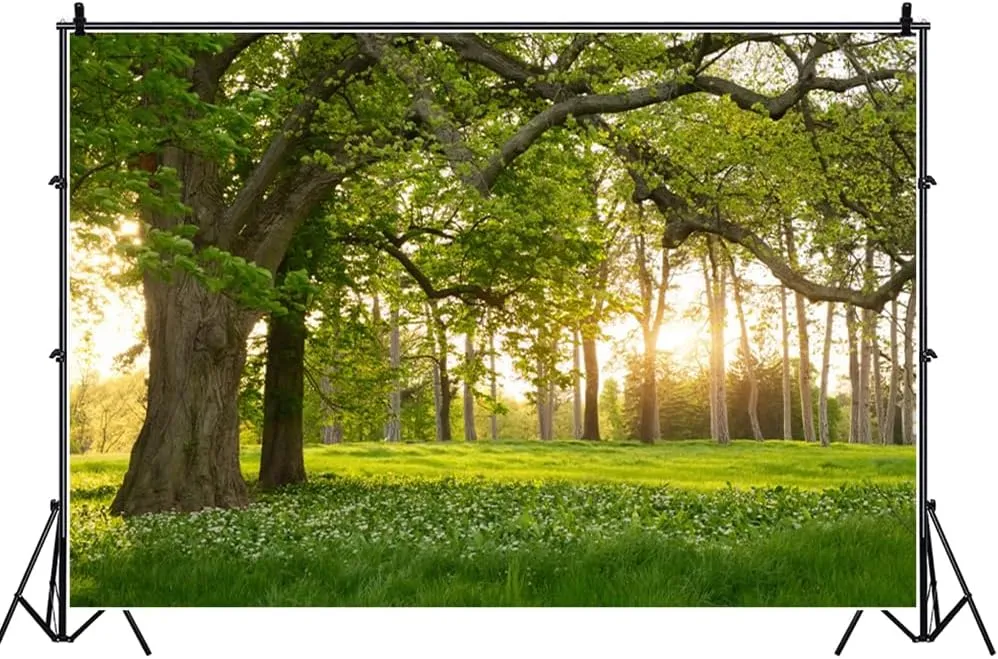 12x8ft Rural Forest Trees Backdrops Spring Blooming Flowers Green Grassland Nature Scenery Photography Background for Kids Adults Family Picnic Camping Outdoor Travel Portraits Studio Props