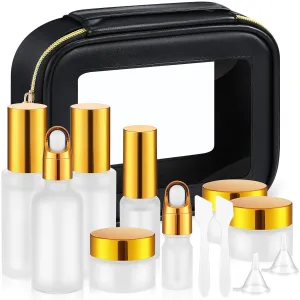 13 Pcs Glass Skincare Travel Containers Mini Makeup Containers Travel Size Toiletries Bottles with Pump Spray and PU Leather Toiletry Bag for Liquid Serum Cream Moisturizers Oils(Gold)