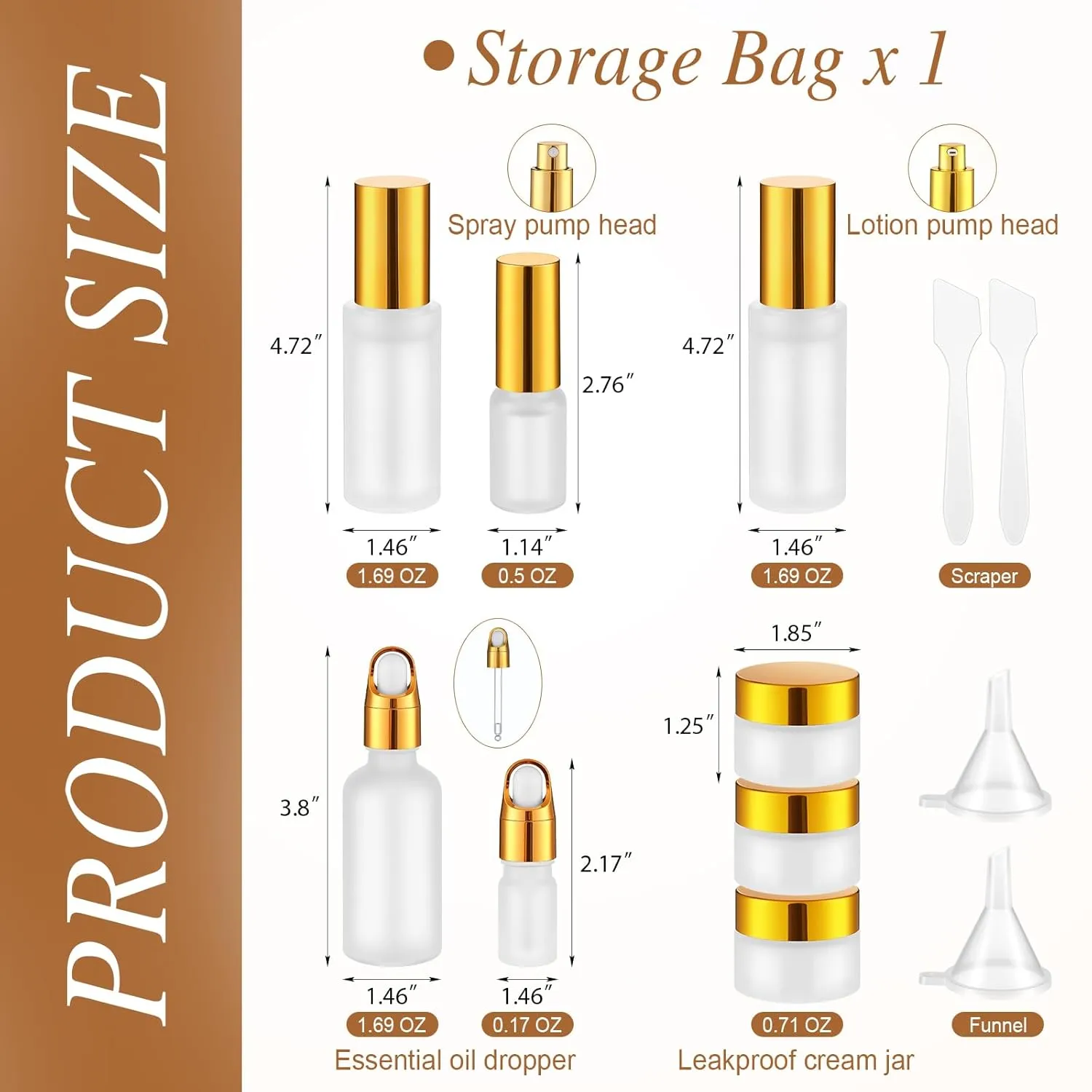 13 Pcs Glass Skincare Travel Containers Mini Makeup Containers Travel Size Toiletries Bottles with Pump Spray and PU Leather Toiletry Bag for Liquid Serum Cream Moisturizers Oils(Gold)
