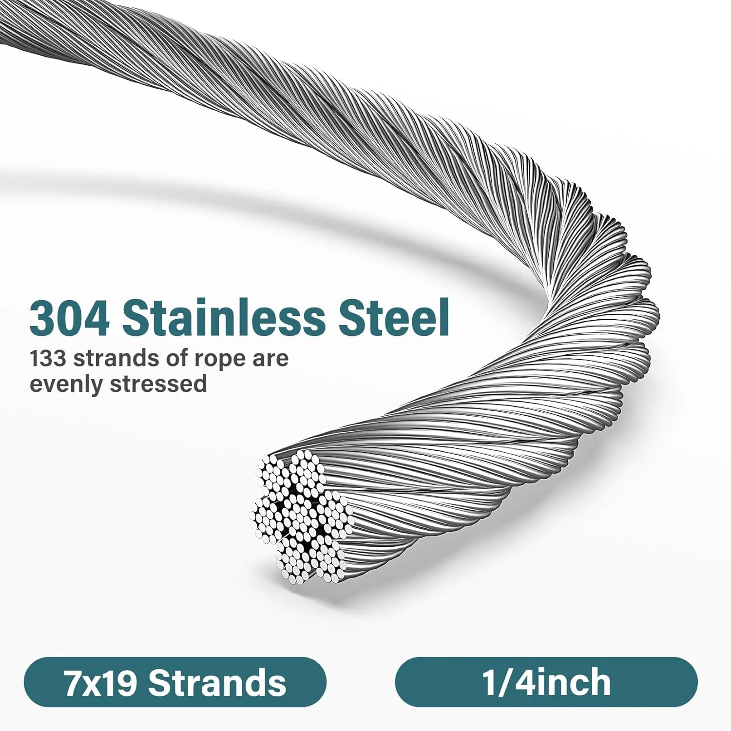 1/4 Stainless Steel Cable, 30ft 1/4 Wire Rope, 7X19 Strands with Stainless Cable Clamps&Thimble, 6400lbs Breaking Strength Aircraft Cable, Steel Cable with Loops for Zipline, Deck Railing