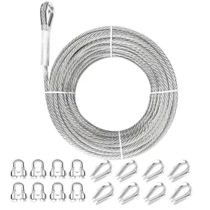 1/4 Stainless Steel Cable, 30ft 1/4 Wire Rope, 7X19 Strands with Stainless Cable Clamps&Thimble, 6400lbs Breaking Strength Aircraft Cable, Steel Cable with Loops for Zipline, Deck Railing