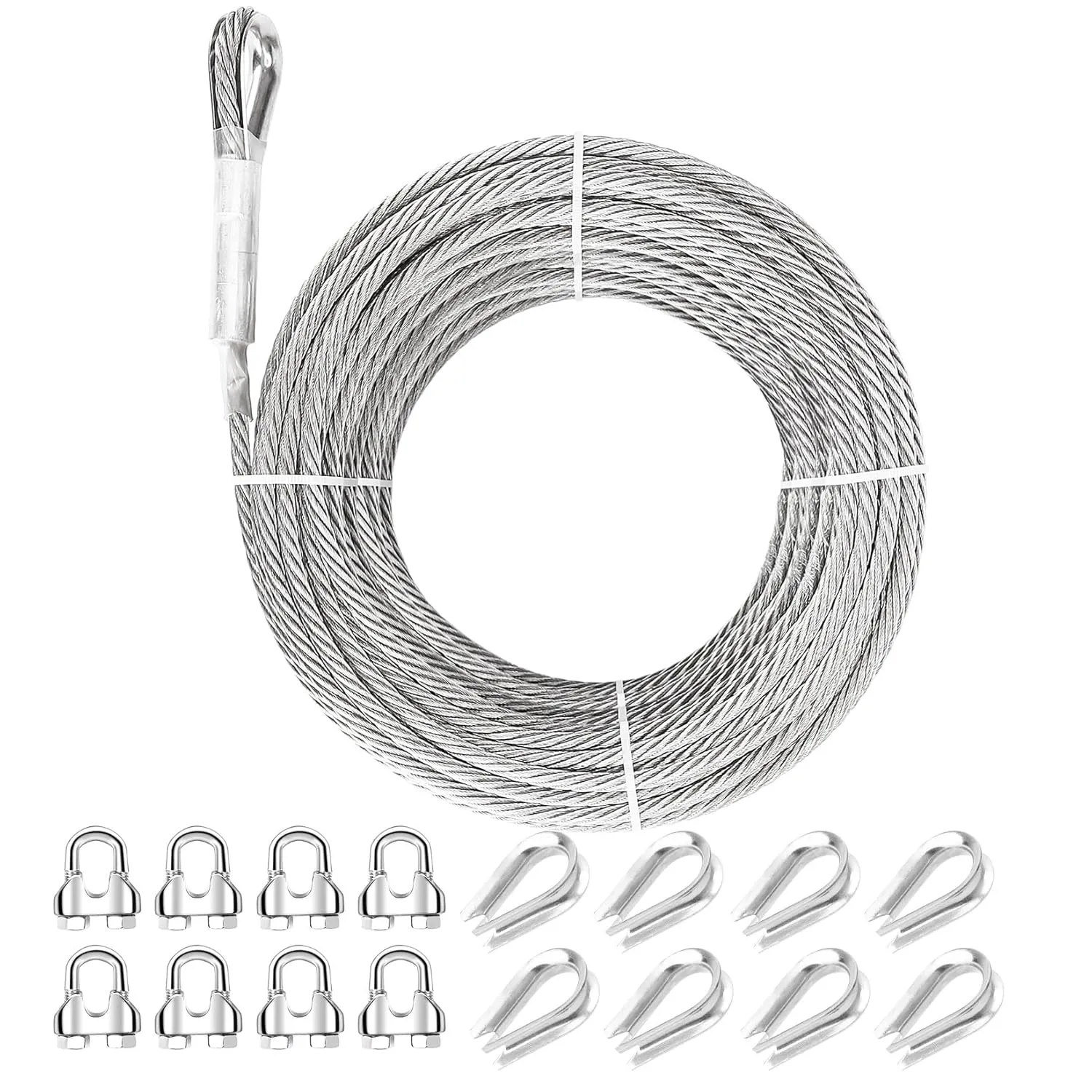 1/4 Stainless Steel Cable, 30ft 1/4 Wire Rope, 7X19 Strands with Stainless Cable Clamps&Thimble, 6400lbs Breaking Strength Aircraft Cable, Steel Cable with Loops for Zipline, Deck Railing