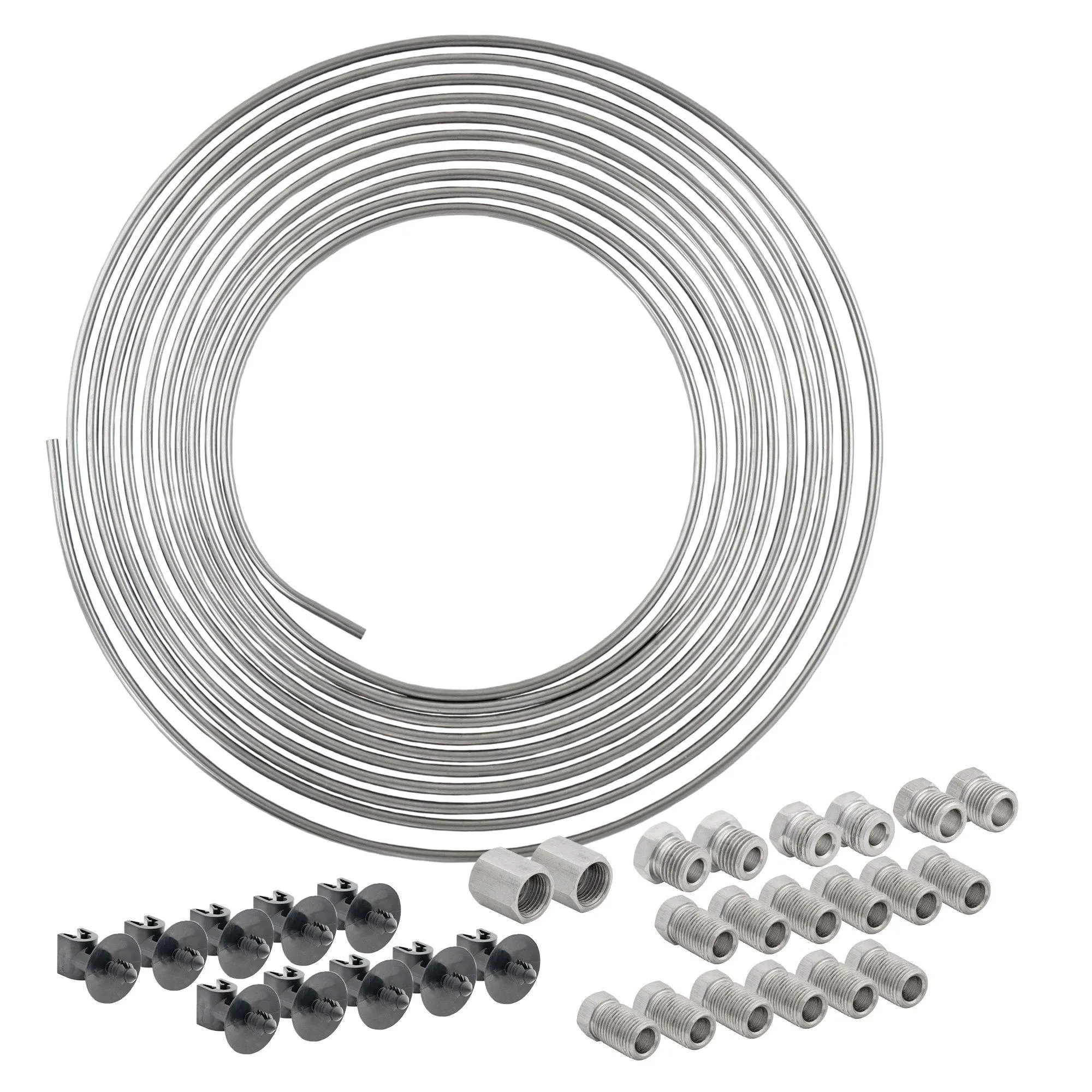 1/4" x 25' Stainless Steel Brake Line Replacement Tubing Coil Pro Kit with Brake Line Clips, 18 Fittings Included, Inverted Flare, SAE