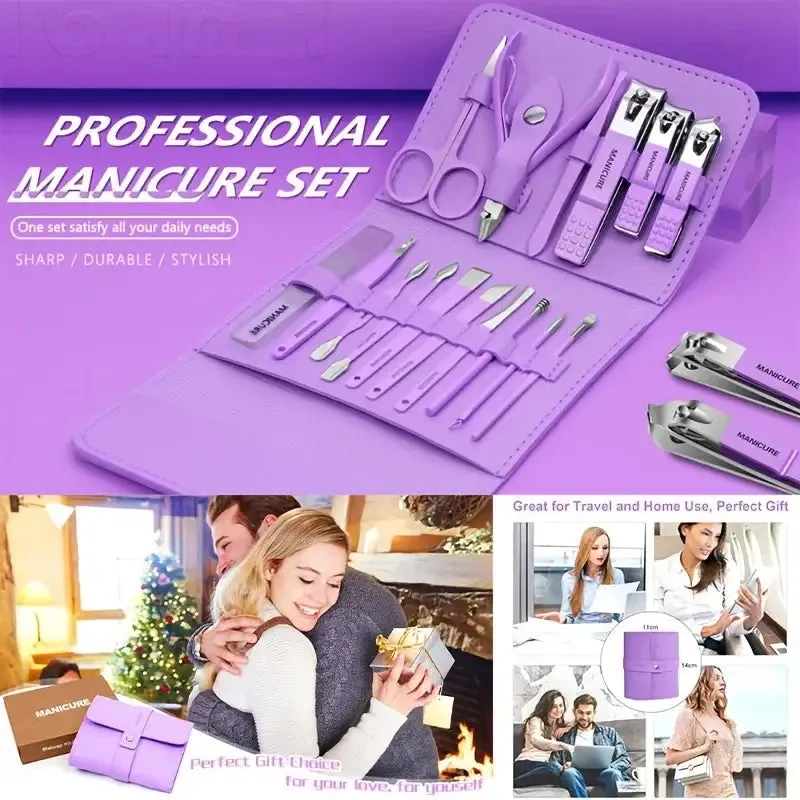 16-piece stainless steel manicure and pedicure kit, nail clipper set with case, ideal for home or travel use