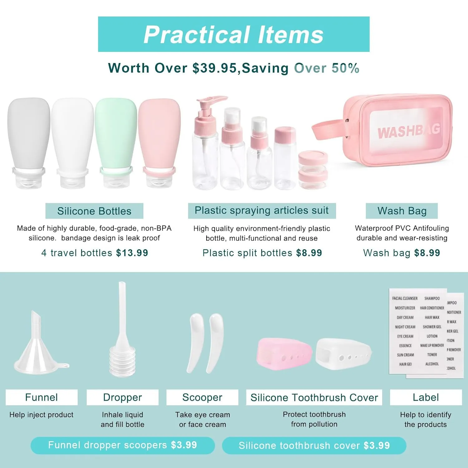 18 Pcs Travel Bottles for Toiletries Gym TSA Approved, Leak Proof with Bandage Silicone Squeezable 3oz for Toner Shampoo Conditioner Lotion Body Wash with Toothbrush Cover Tag and Wash Bag