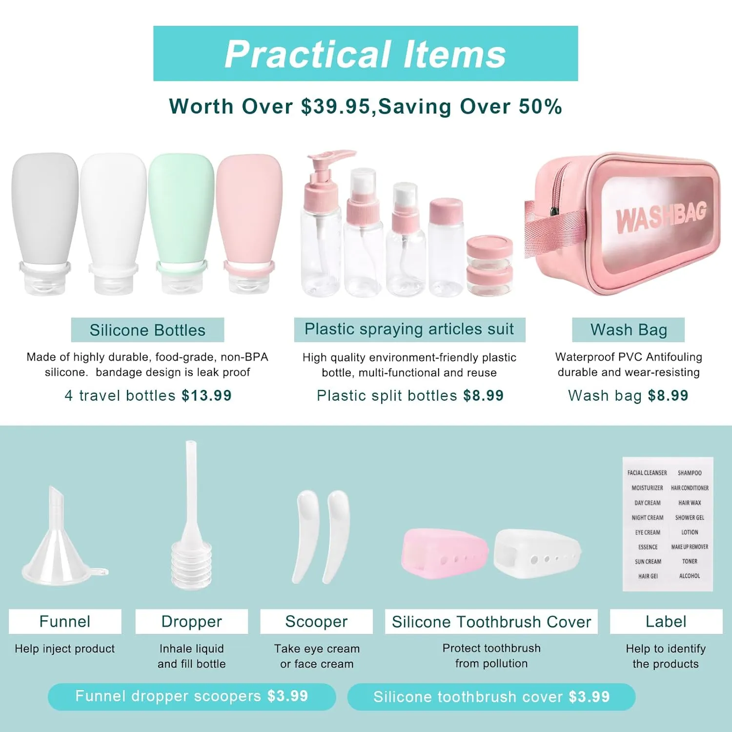18 Pcs Travel Bottles for Toiletries Gym TSA Approved, Leak Proof with Bandage Silicone Squeezable 3oz for Toner Shampoo Conditioner Lotion Body Wash with Toothbrush Cover Tag and Wash Bag