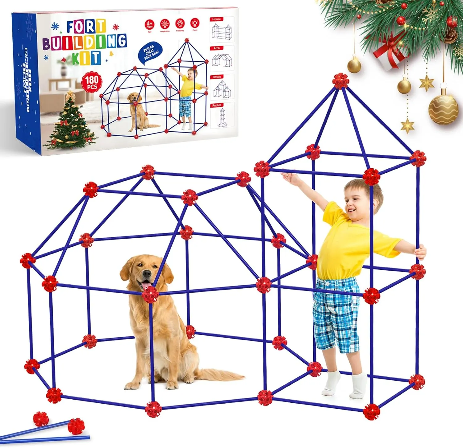 180Pcs Fort Building Kit Toy for Kids 4 5 6 7 8 9 10 11 12 Years Old Boy Girl Gift, Creative STEM Fort Building Indoor Outdoor Building Toys Christmas, Birthday Gifts Build Construction Toys(Blue&Red)
