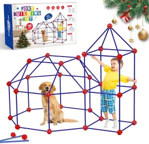 180Pcs Fort Building Kit Toy for Kids 4 5 6 7 8 9 10 11 12 Years Old Boy Girl Gift, Creative STEM Fort Building Indoor Outdoor Building Toys Christmas, Birthday Gifts Build Construction Toys(Blue&Red)
