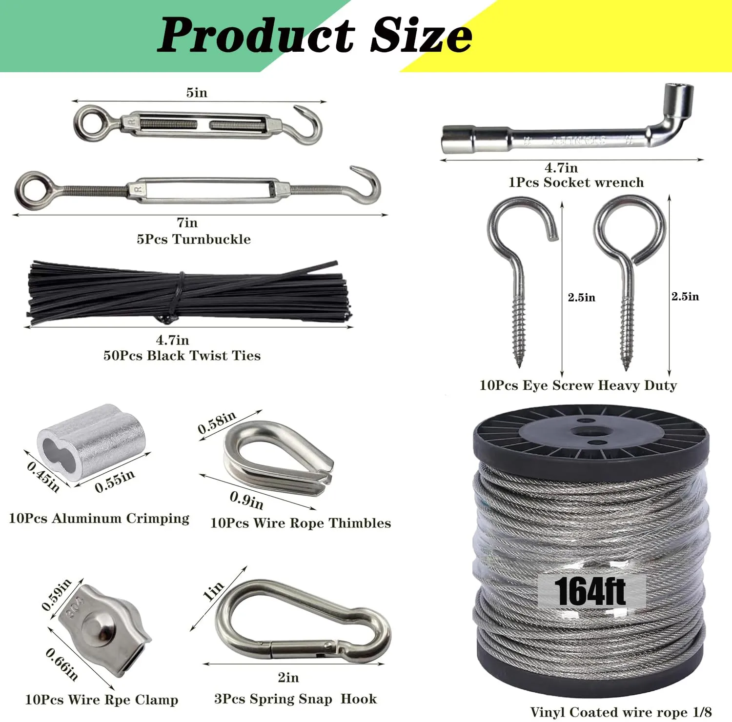 1/8" Wire Rope Kit with M5 Turnbuckles - 164FT Vinyl Coated Stainless Steel Cable, 7x7 Braided Strands Aircraft Cable for Climbing Plants, Outdoor String Lights Hanging