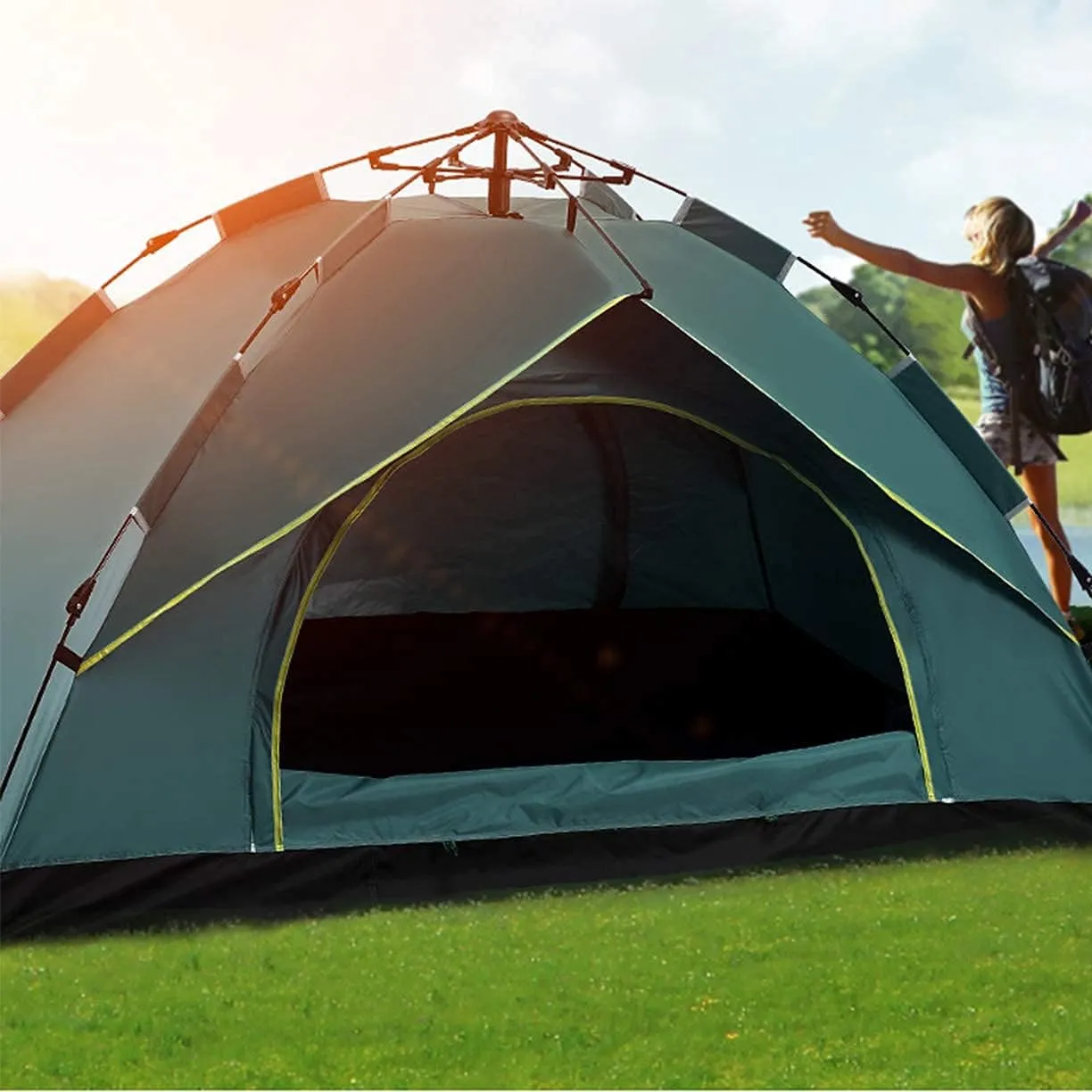 2-4 Person Camping Tent,with Moisture-Proof pad and Hammock Waterproof & Windproof Tent for Outdoor,Hiking,Glamping,Mountaineering and Travel (Dark Green Width 2m) (Orange Width 1.5m)