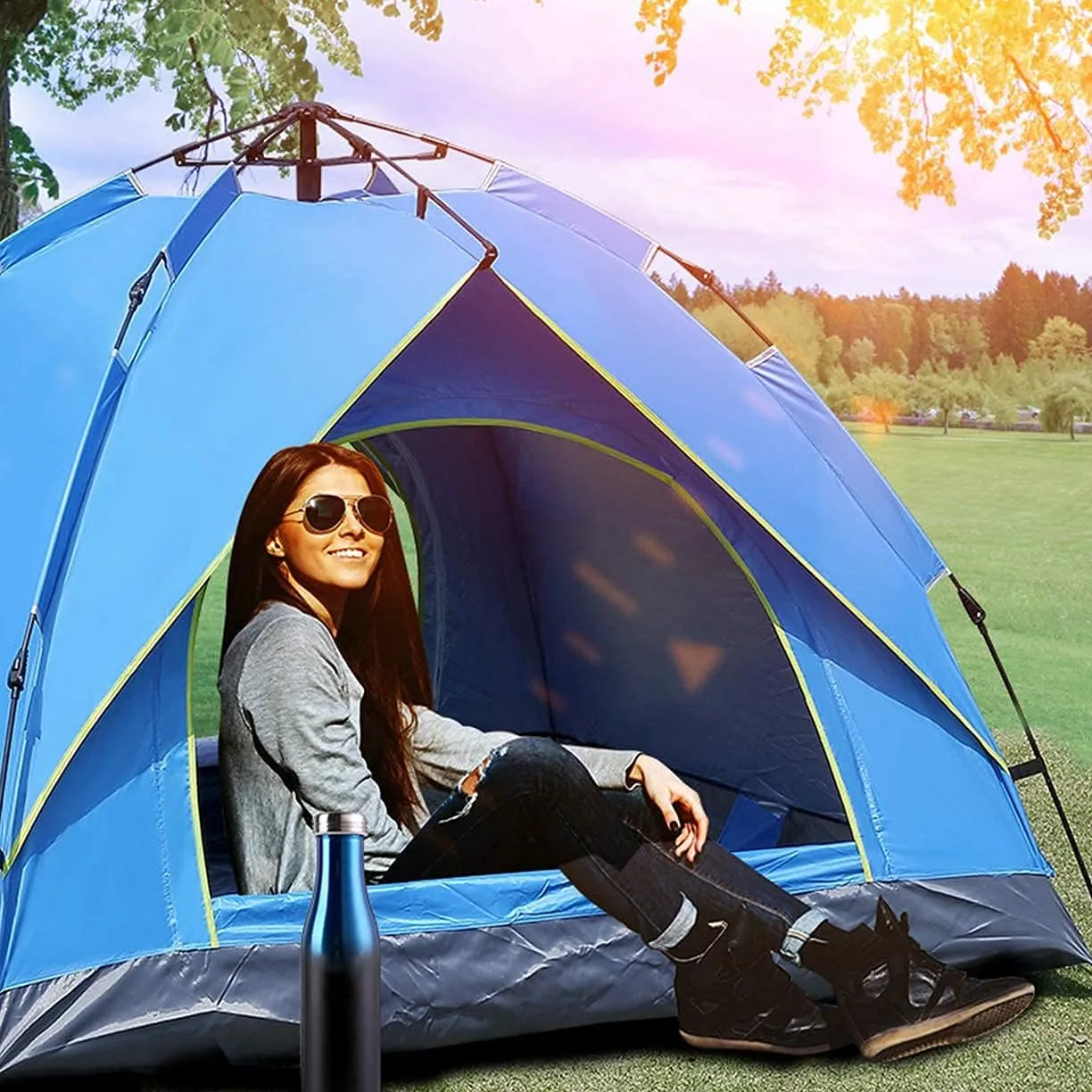 2-4 Person Camping Tent,with Moisture-Proof pad and Hammock Waterproof & Windproof Tent for Outdoor,Hiking,Glamping,Mountaineering and Travel (Dark Green Width 2m) (Orange Width 1.5m)