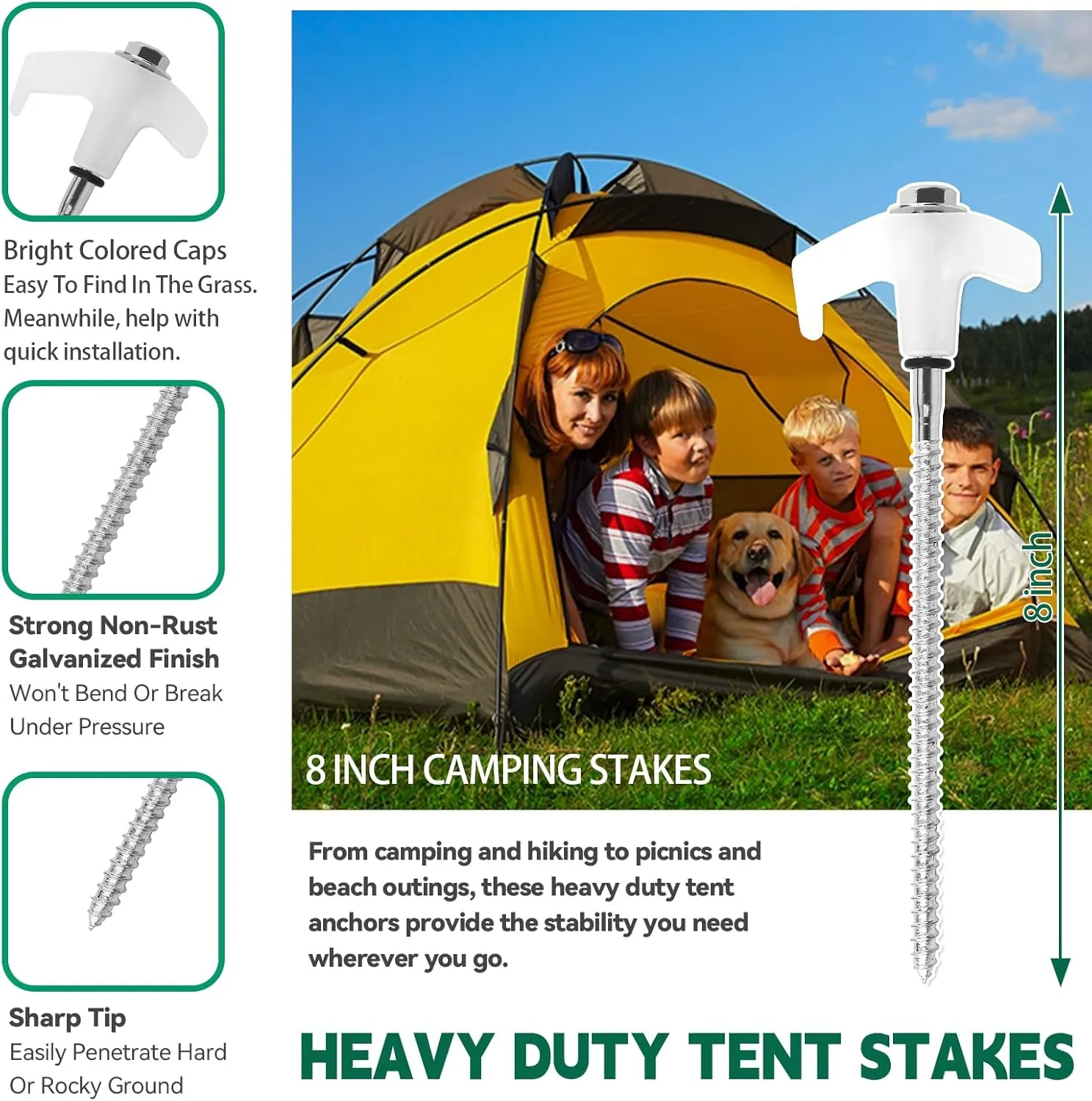 20 Pack 8" Screw in Tent Stakes for Drilling with Hex Heads - Heavy Duty Stainless Steel Tent Pegs/Nails/Spikes, Ground Anchors, Grow in Dark - for Camping, Grassland, Portable Box (White)