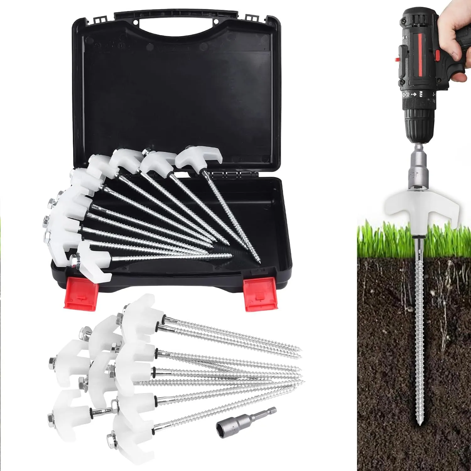 20 Pack 8" Screw in Tent Stakes for Drilling with Hex Heads - Heavy Duty Stainless Steel Tent Pegs/Nails/Spikes, Ground Anchors, Grow in Dark - for Camping, Grassland, Portable Box (White)