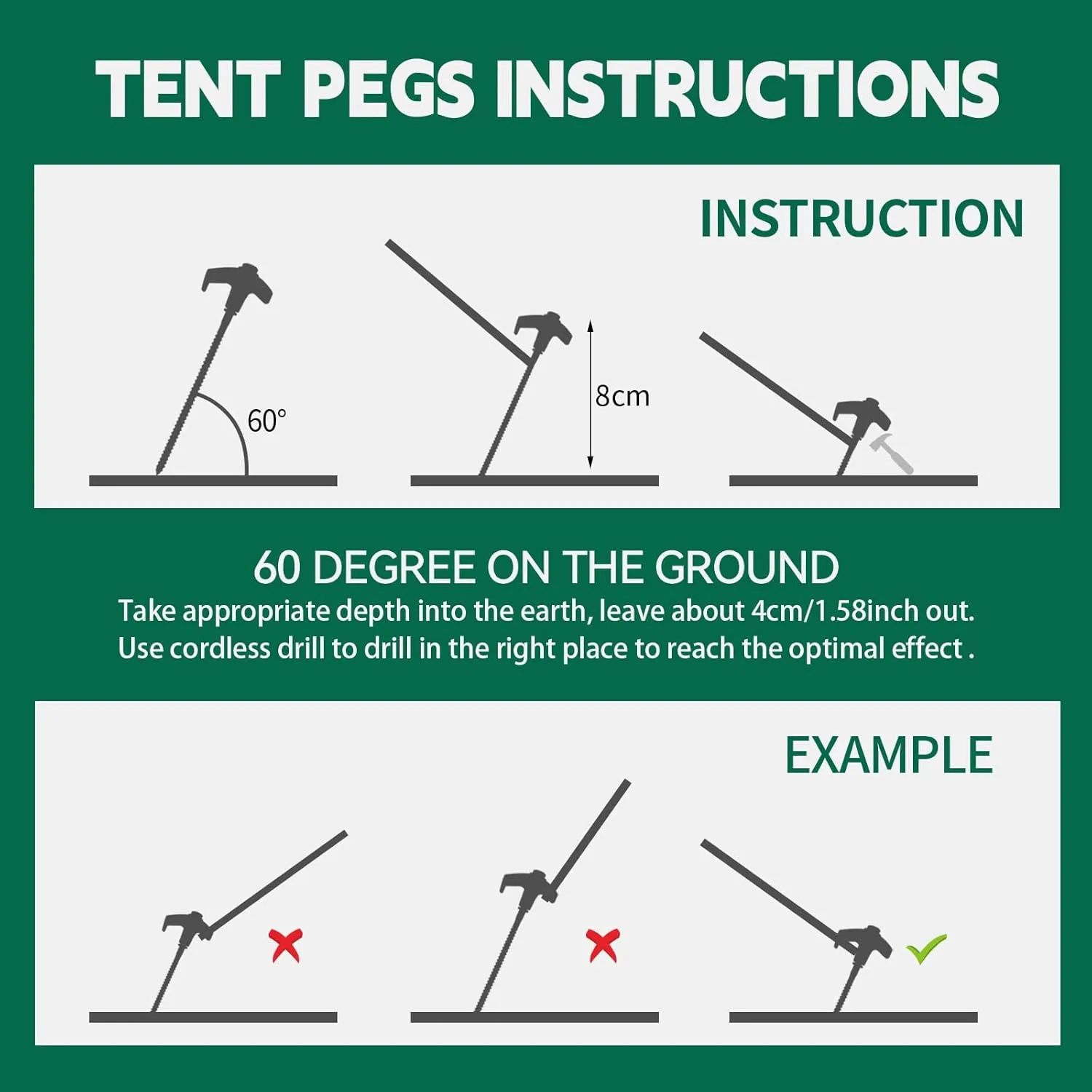 20 Pack 8" Screw in Tent Stakes for Drilling with Hex Heads - Heavy Duty Stainless Steel Tent Pegs/Nails/Spikes, Ground Anchors, Grow in Dark - for Camping, Grassland, Portable Box (White)