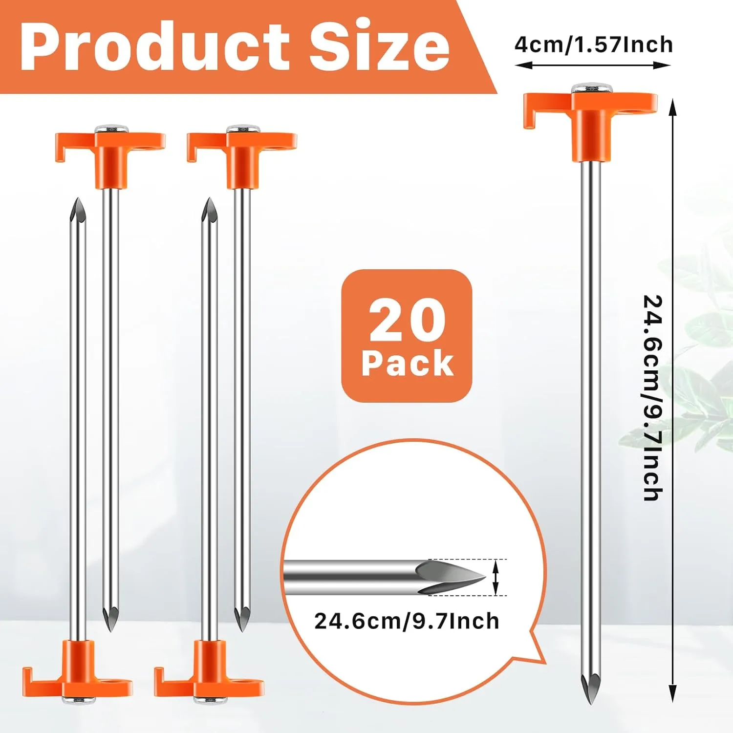 20 Pack Tent Stakes Heavy Duty, 9.6 Inch Camping Stakes, Non-Rust Metal Tent Pegs, Ground Stakes Yard Stakes with Drawstring Bag for Camping Backyards Outdoor Picnic (Orange)