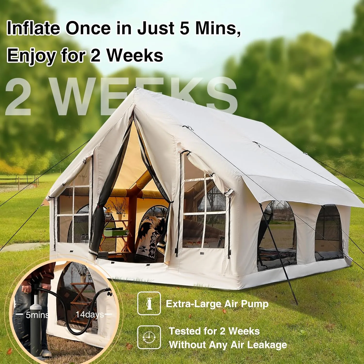 2025 Upgraded 100% Waterproof Inflatable Camping Tent, Large Blow-Up Air Tent, No Assembly Needed Luxury Glamping House, Oxford Fabric