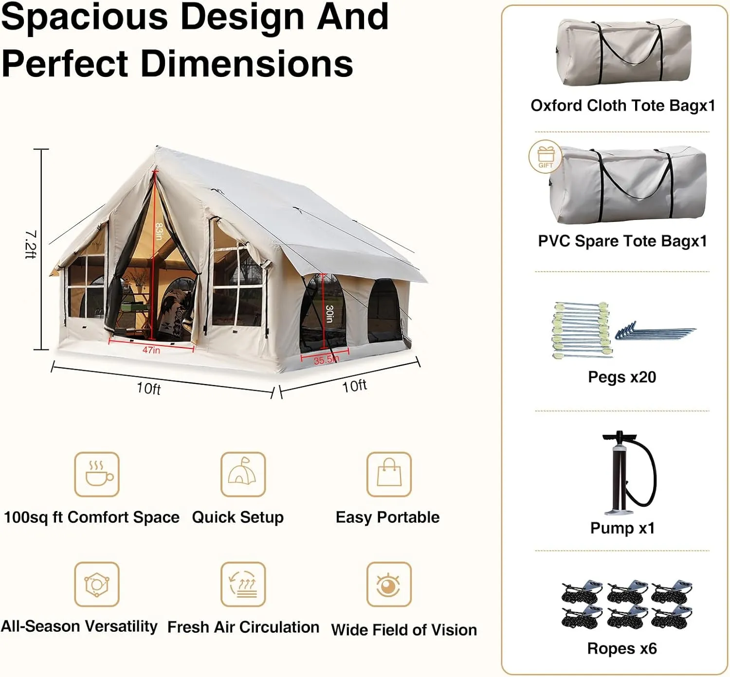 2025 Upgraded 100% Waterproof Inflatable Camping Tent, Large Blow-Up Air Tent, No Assembly Needed Luxury Glamping House, Oxford Fabric