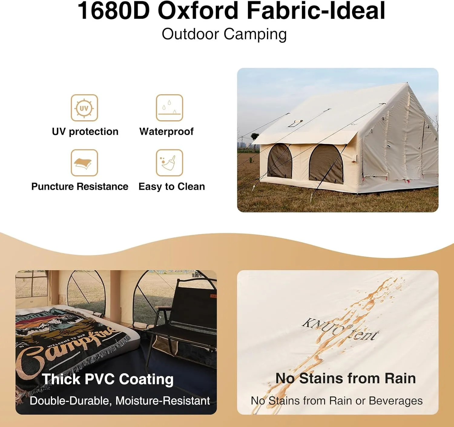 2025 Upgraded 100% Waterproof Inflatable Camping Tent, Large Blow-Up Air Tent, No Assembly Needed Luxury Glamping House, Oxford Fabric