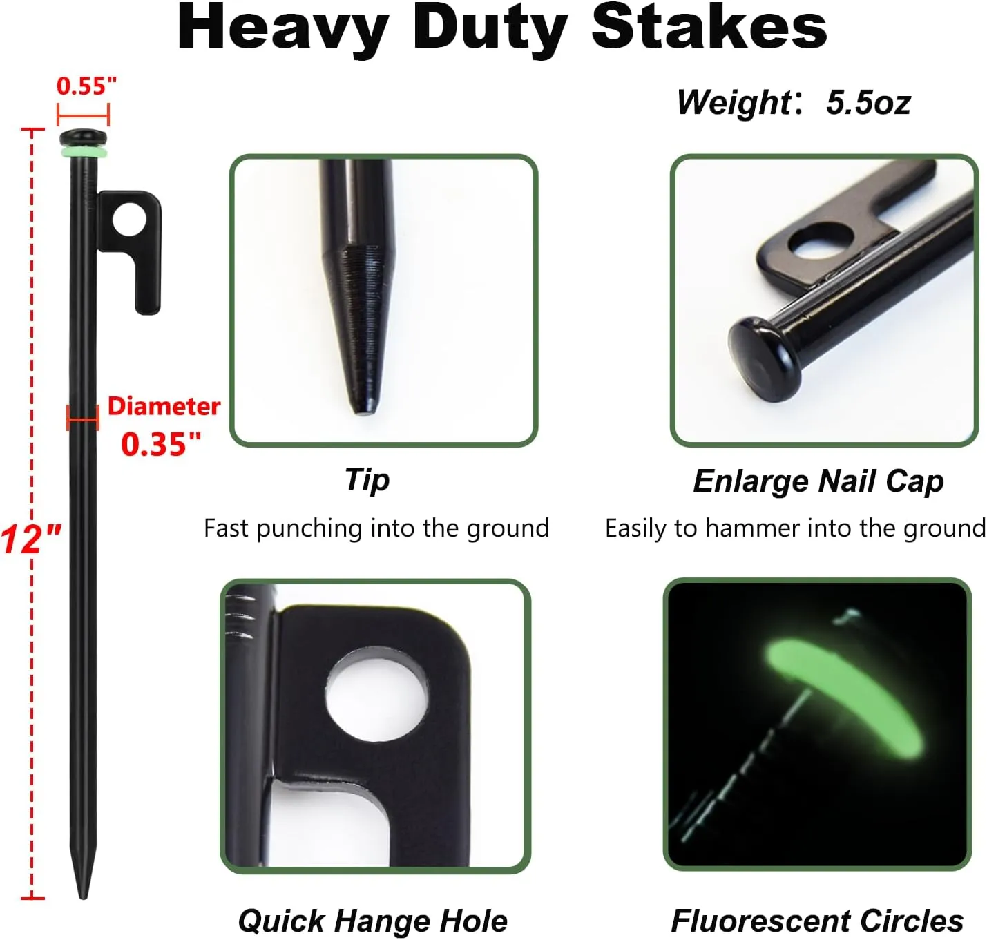 20Pcs Tent Stakes, 12in/16in Heavy Duty Tent Stakes, 0.35" Dia. Forged Steel Stakes Heavy Duty for Tent Used on Rocks, Snowfield(20Pcs 12in Stakes)