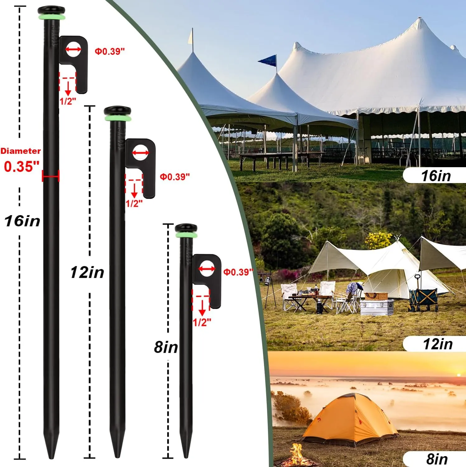 20Pcs Tent Stakes, 12in/16in Heavy Duty Tent Stakes, 0.35" Dia. Forged Steel Stakes Heavy Duty for Tent Used on Rocks, Snowfield(20Pcs 12in Stakes)