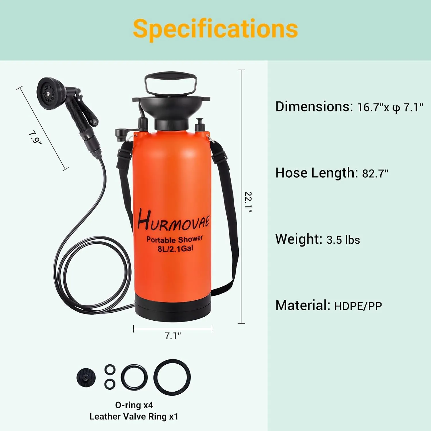 2.1 Gallon Portable Camping Shower–10 Spray Modes, Insulated Pressure Sprayer, Warm Water Outdoor Shower for Hiking, Beach, Pet Washing, Orange