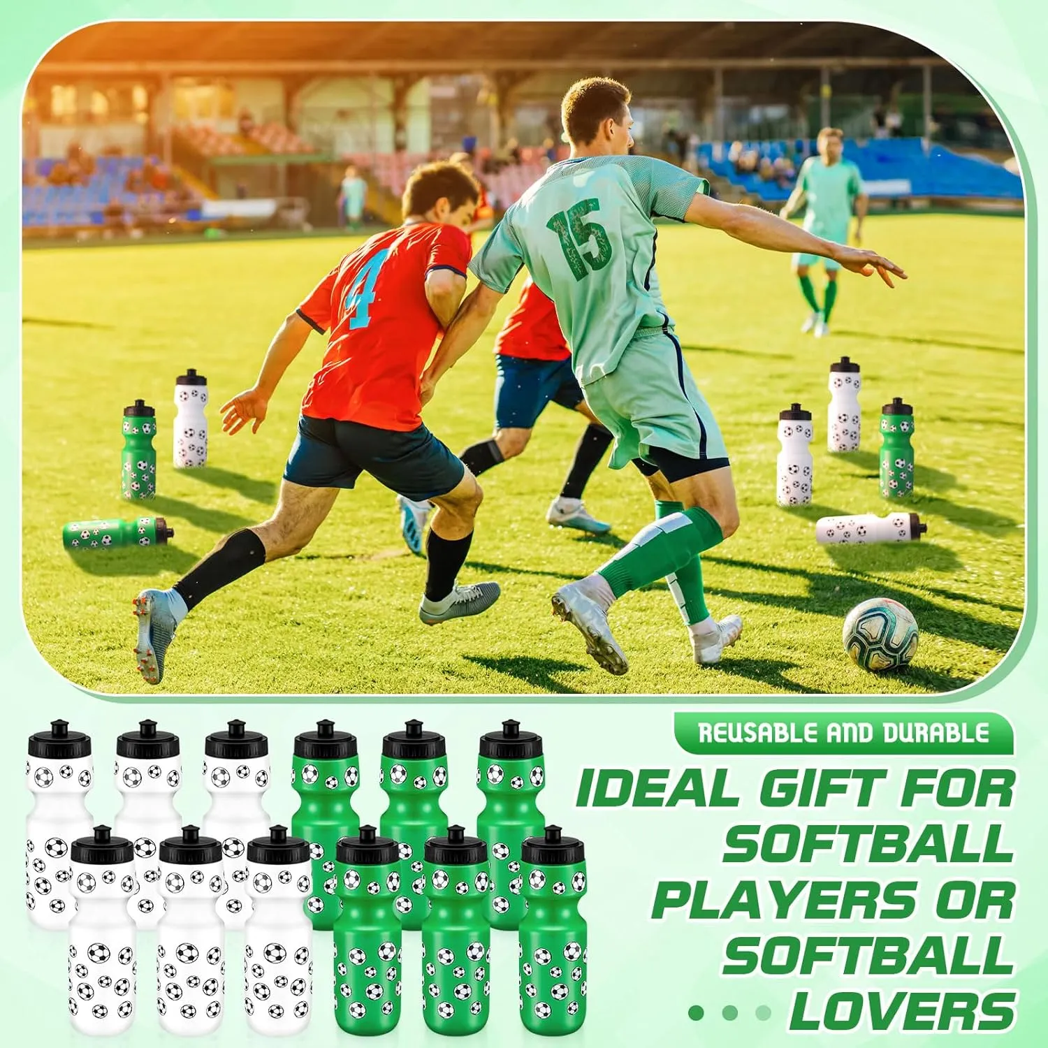 24 Pcs Water Bottle Bulk Reusable Sports Squeeze Water Bottles Ball Cup Accessories for Sports Party Favors Team Gifts Players for Gym Most Bike Cage (Soccer)