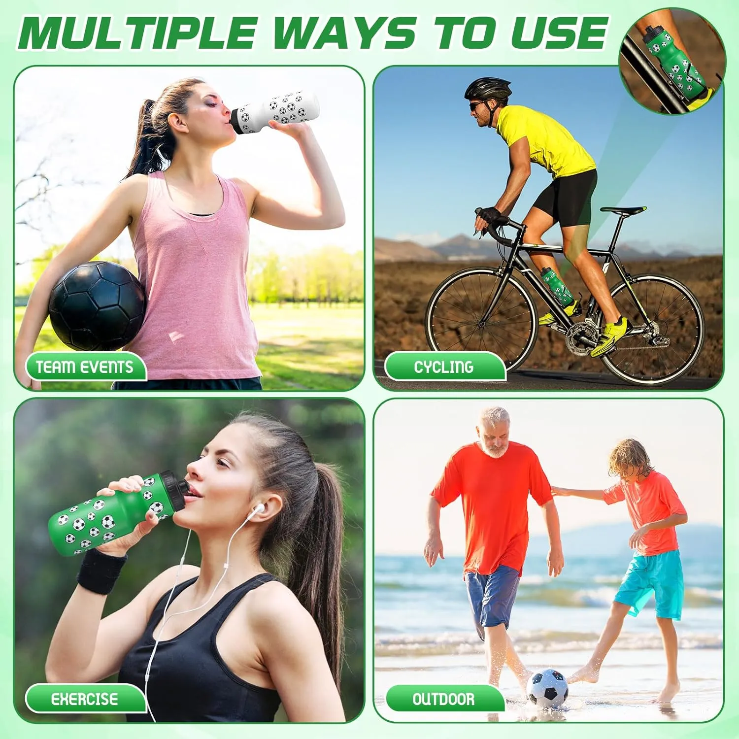 24 Pcs Water Bottle Bulk Reusable Sports Squeeze Water Bottles Ball Cup Accessories for Sports Party Favors Team Gifts Players for Gym Most Bike Cage (Soccer)