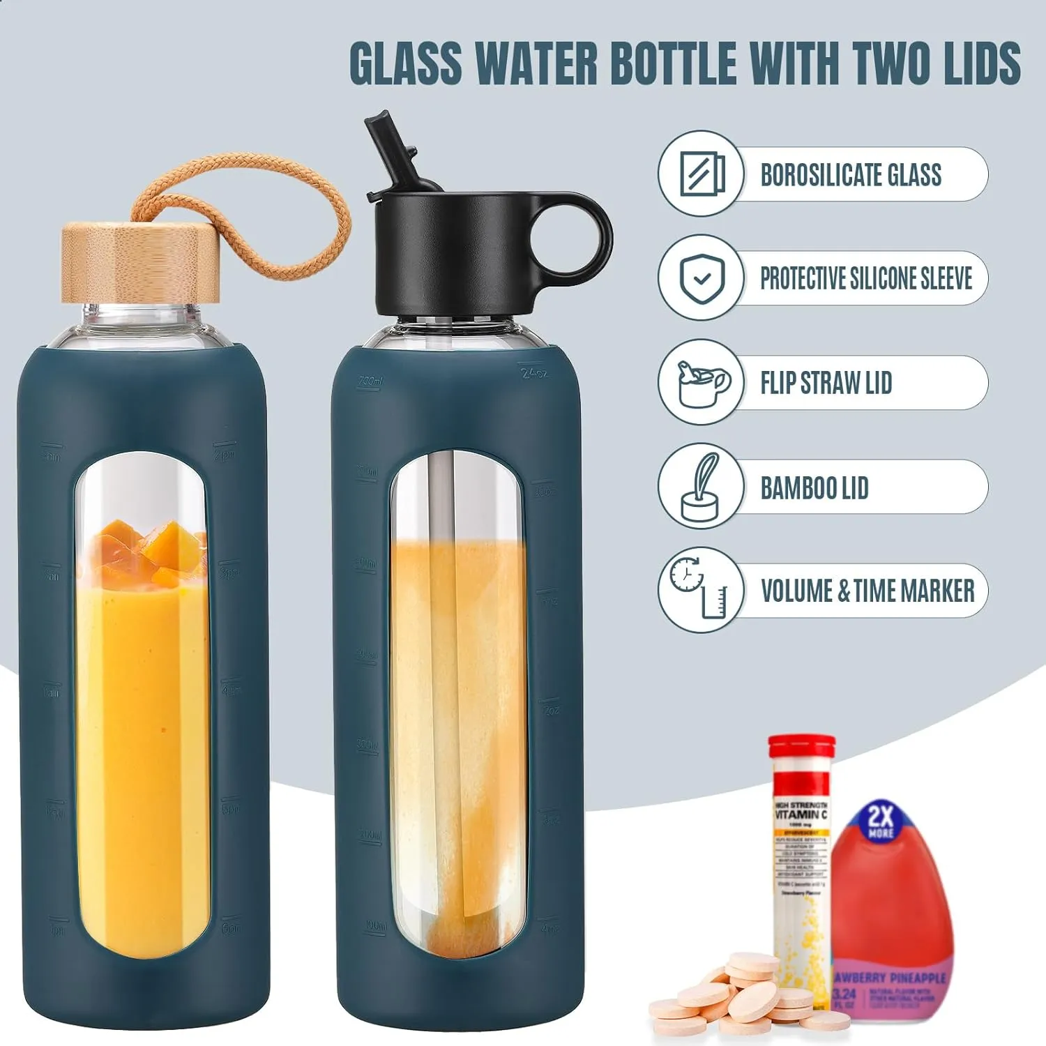 24oz Glass Water Bottle With 2 Lids, Glass Tumbler With Silicone Sleeve, Drinking Bottles With Motivational Time Marker, 1 Pack-Navy Blue
